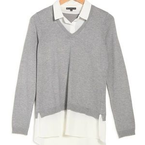 ADRIANNA PAPELL V-neck Twofer Sweater In Heather Grey/ Ivory
